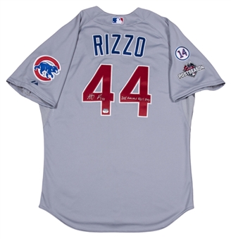 2015 Anthony Rizzo NLCS Game Used, Signed & Inscribed Chicago Cubs Road Game Jersey With Ernie Banks & Postseason Patches (MLB Authenticated & Fanatics)